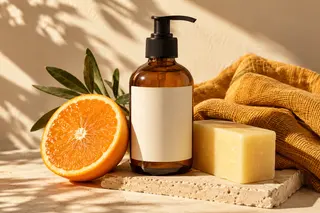 Amber citrus hand wash, an orange, and golden linen in warm sunlight